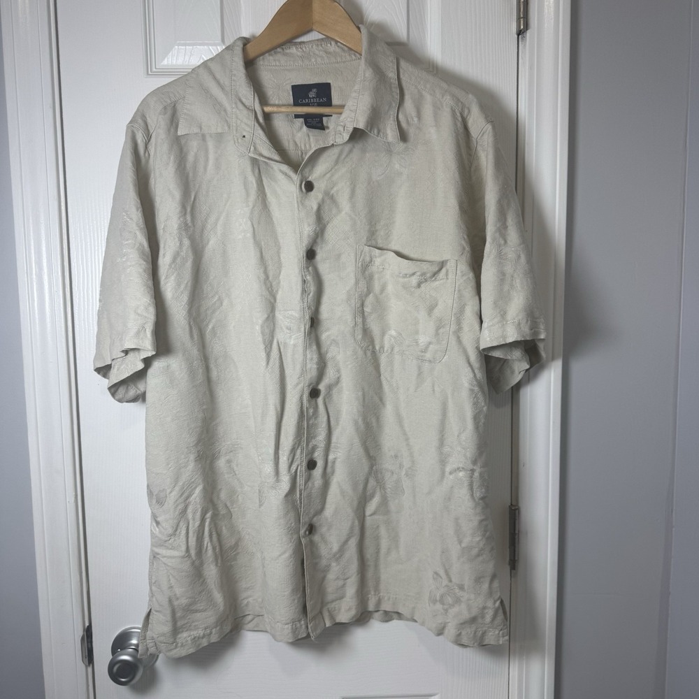Men's Caribbean Joe Hawaiian Silk Shirt‎ Ivory Size XXL